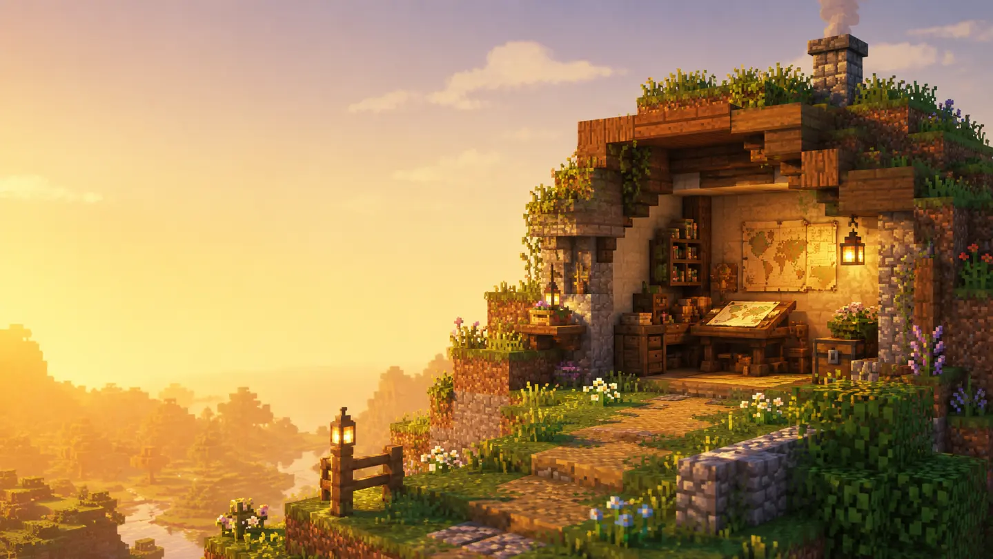 A cozy block-built cartographer's nook glowing with lantern light, maps, books, and plants
