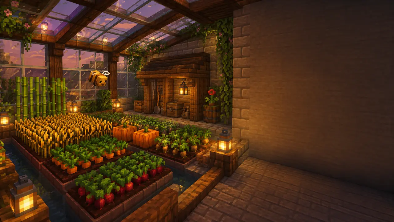 A cozy block-built greenhouse nook filled with crops, flowers, and warm lanterns